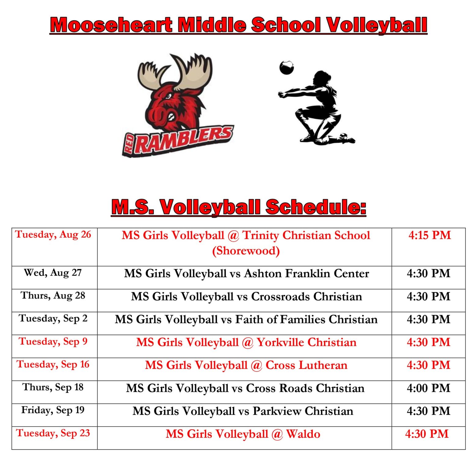 Middle School Volleyball Schedule Announced - Mooseheart